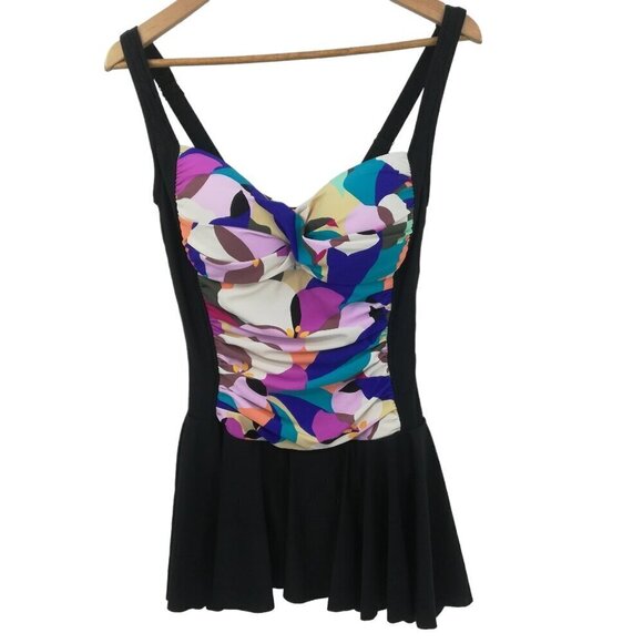 Maxine of Hollywood One Piece Skirted Swimsuit Size 10 Retro Ruching Adjustable - Picture 1 of 12